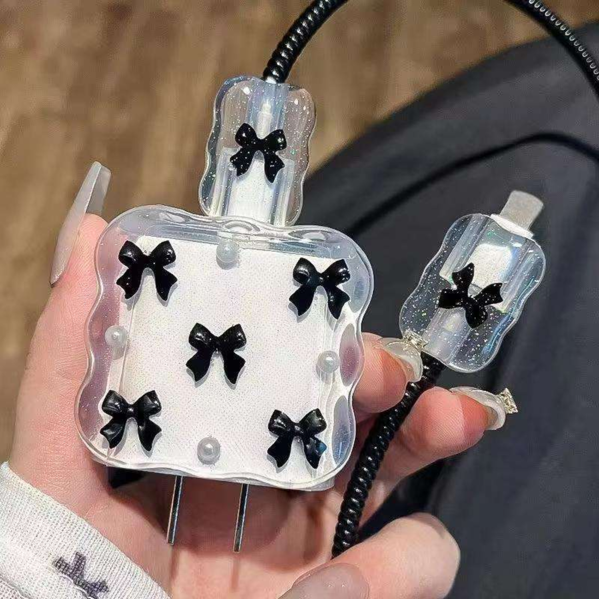 3D Black Butterfly Glitter Edition – iPhone Charger Cover (With Wire Protector)